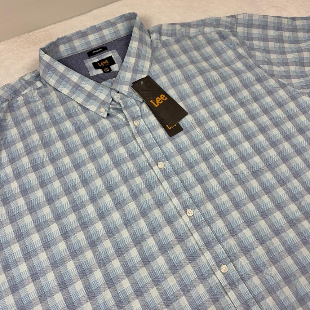 Lee Shirt Mens 4XL Blue Plaid Short Sleeve Button-Up Cotton Stretch Relaxed Fit